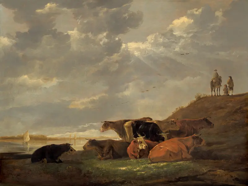 River Landscape with Cows, oil painting by Aelbert Cuyp, featuring a tranquil river and grazing cows.