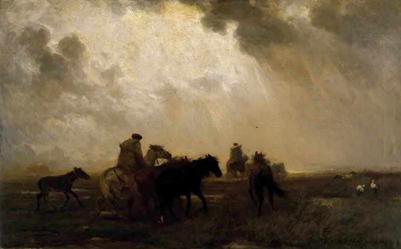 Horse Drivers in Hungary by Otto von Thoren, depicting horse drivers in a dynamic landscape, oil painting.