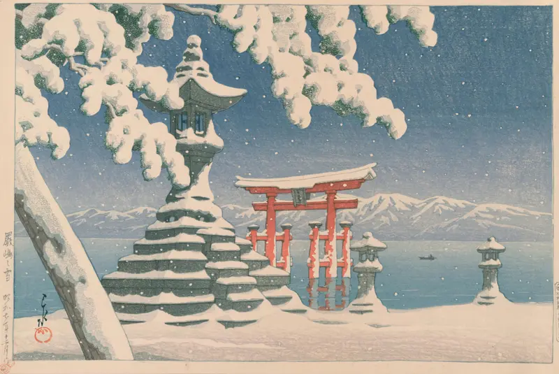 Woodblock print by Kawase Hasui depicting snow at Itsukushima Shrine.