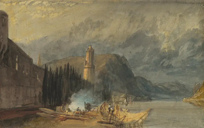 A depiction of the Roman Tower in Andernach by Turner, showcasing its weathered stones and the Rhine river.