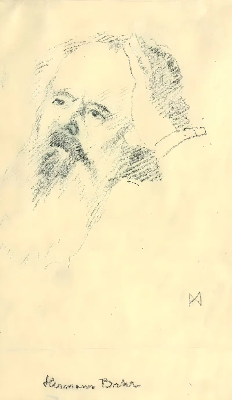 A portrait of Hermann Bahr by Koloman Moser showcasing intricate details and vibrant colors.