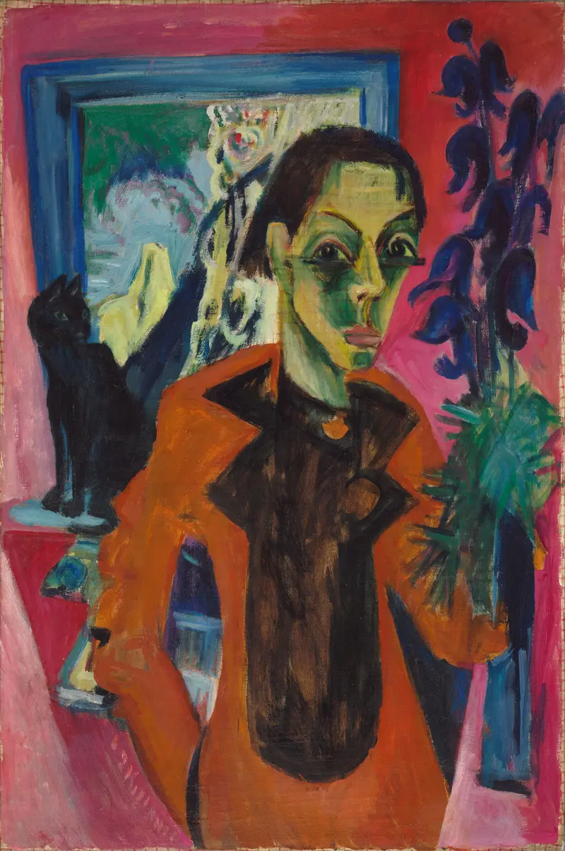 Self-Portrait with Cat by Ernst Ludwig Kirchner, cotton medium, vibrant colors and expressive brushwork.