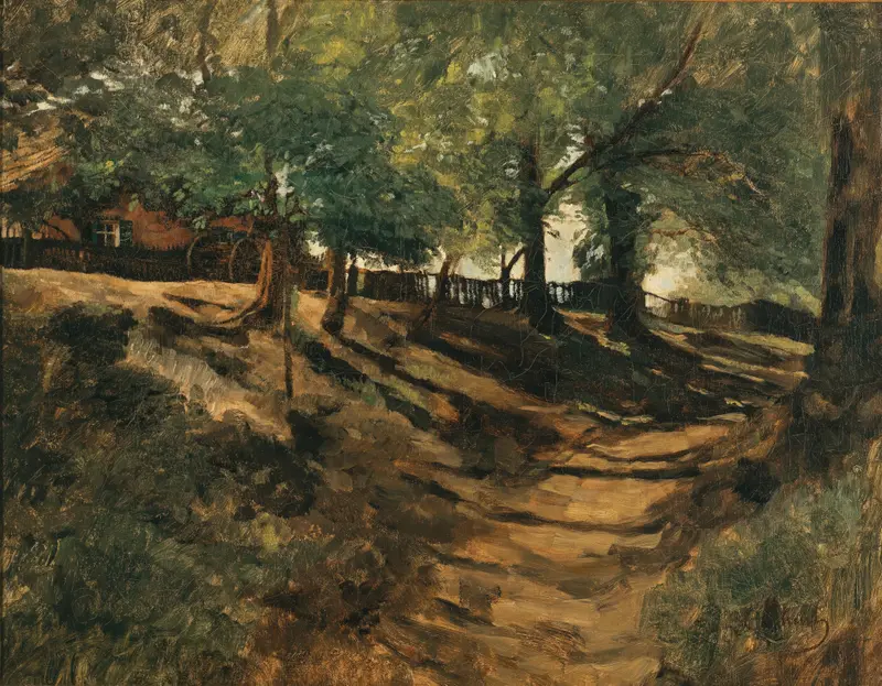 A Farmstead on a Country Road by Carl Schuch, realism, depicting a cottage and road under sunlight.