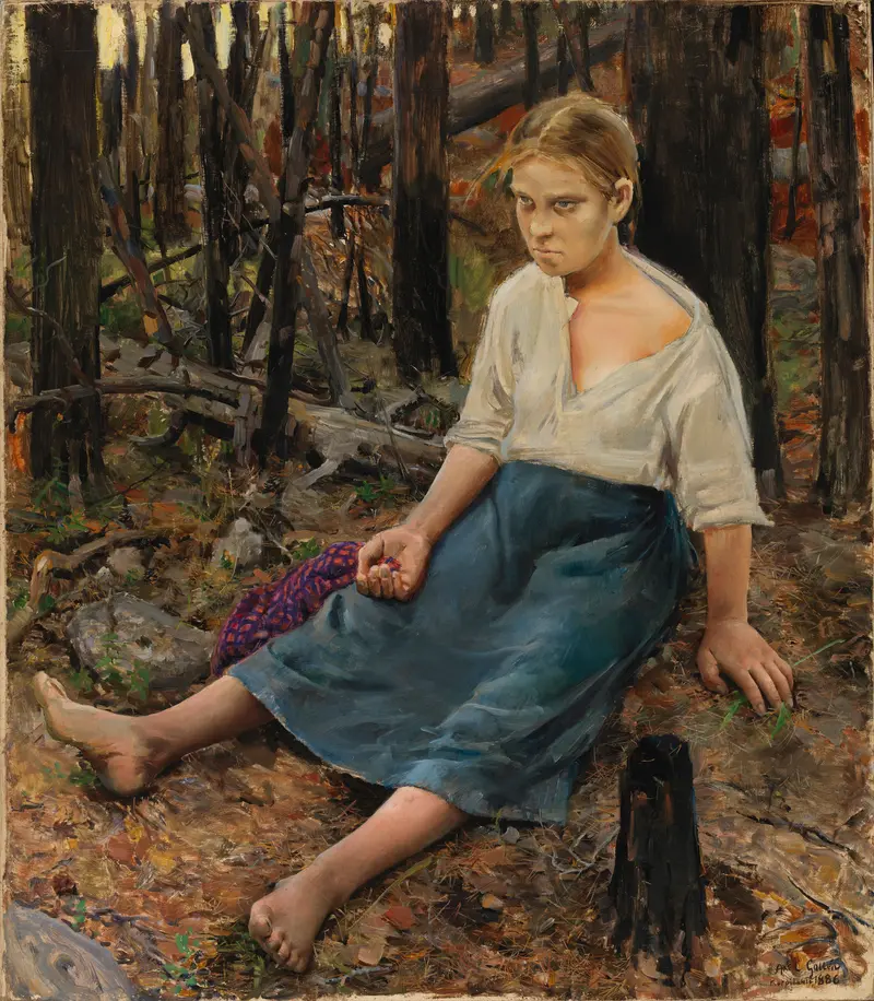 A girl sits barefoot in a dense forest, her gaze defiant as she clutches a scrap of cloth amidst tangled undergrowth.