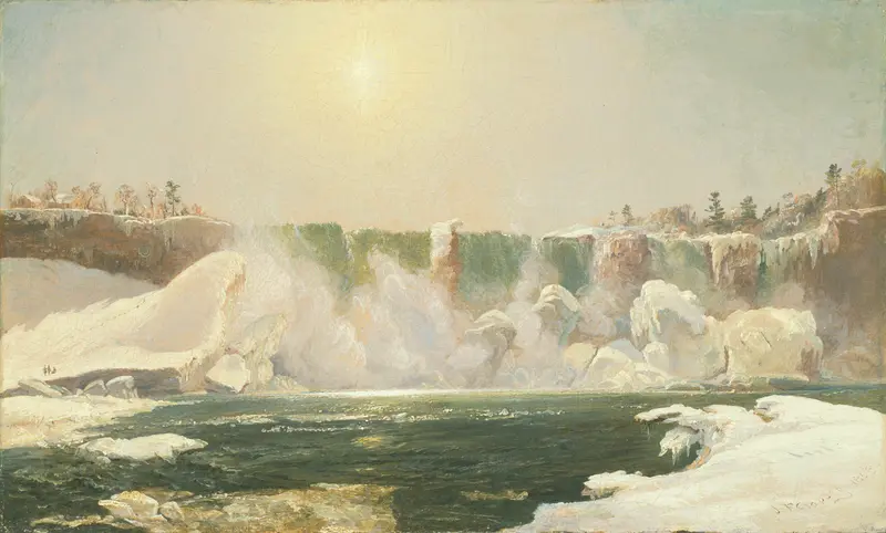 Niagara Falls in Winter by Jasper Francis Cropsey, oil on canvas depicting icy falls and frosted cliffs