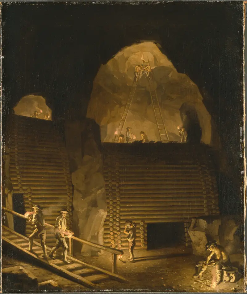 Oil on canvas by Pehr Hilleström depicting miners in a copper mine
