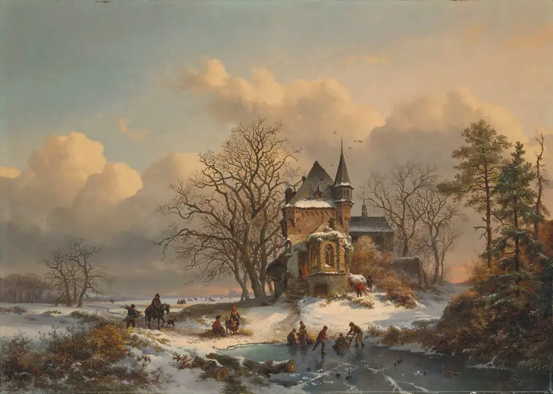 Winter landscape with skaters, oil painting by Frederik Marinus Kruseman