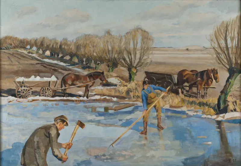Farmhands fetching ice, oil painting by Fritz Syberg, showing two workers in a natural landscape.