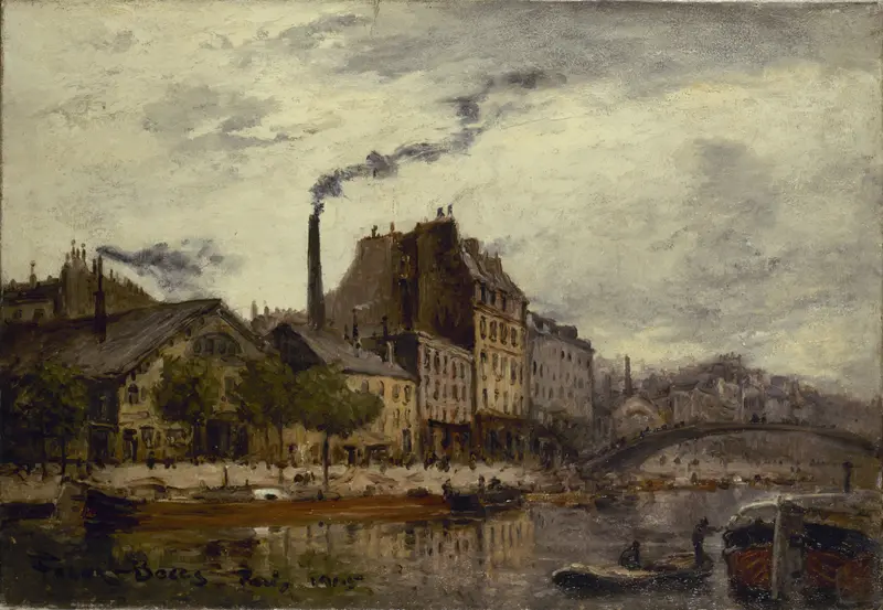 La démolition de l’ancien pont de la Tournelle, oil on canvas by Frank Myers Boggs