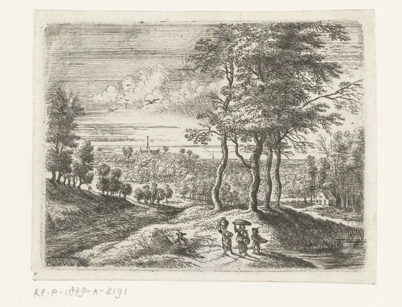 Etching by Lucas van Uden depicting two women and a boy with a basket in a landscape.