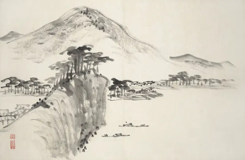 Abstract ink painting by Hine Taizan, 1850, featuring swirling patterns and dark hues.
