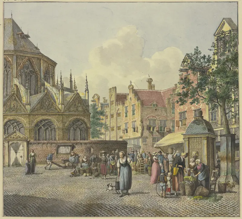 Genre scene with church and vegetable seller, oil on canvas by Johannes Huibert Prins