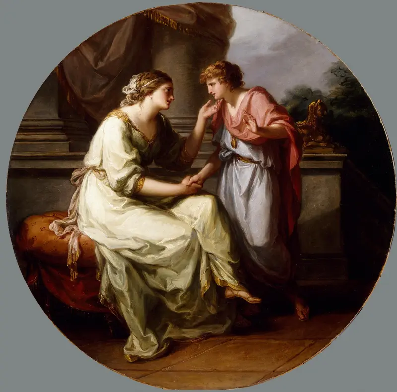 Angelica Kauffmann's painting depicts a mother urging her son to reveal Senate secrets.