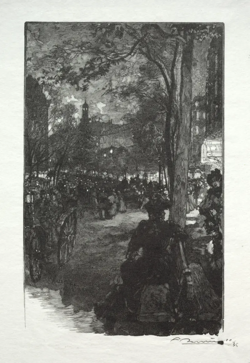 Le Boulevard Montmartre, le Soir etching by Auguste Louis Lepère depicting an evening urban scene