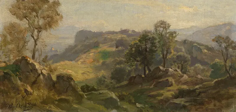 Landscape featuring lush greenery and a winding road by Paul Weber, oil painting