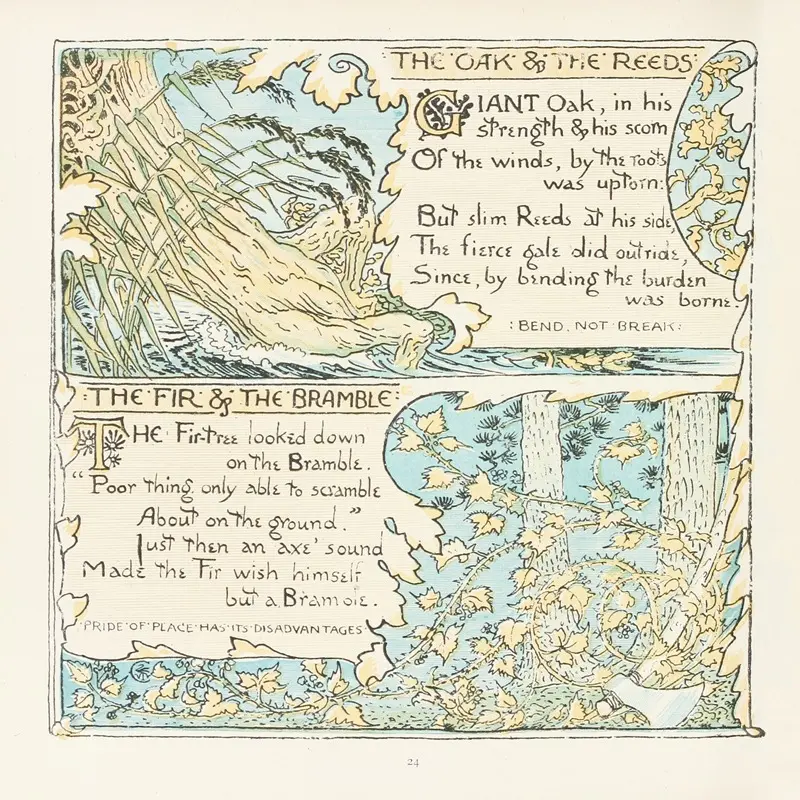 A painting depicting the contrast between strong oak trees and delicate reeds.