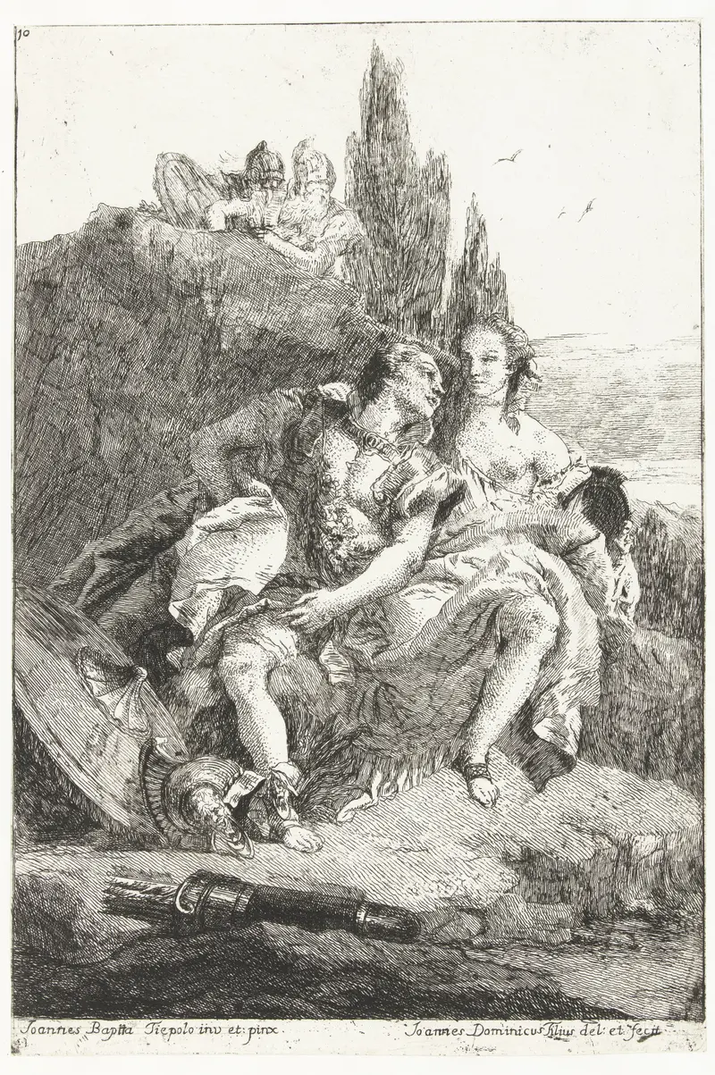 Rinaldo en Armida, etching by Giovanni Domenico Tiepolo, depicting lovers by a lakeside