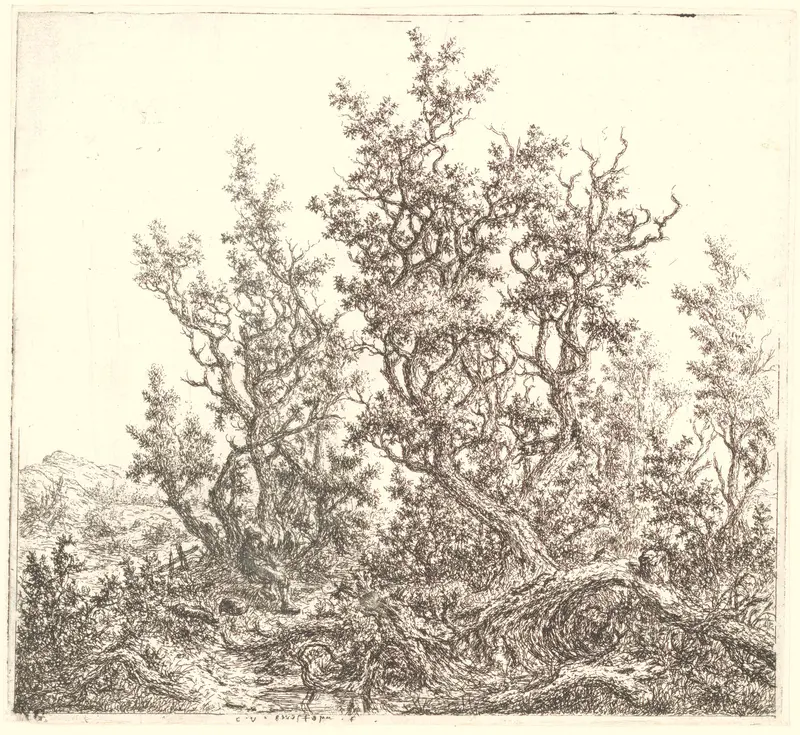 Landschap met een groep eiken en een rustende man, etching by Claes van Beresteyn