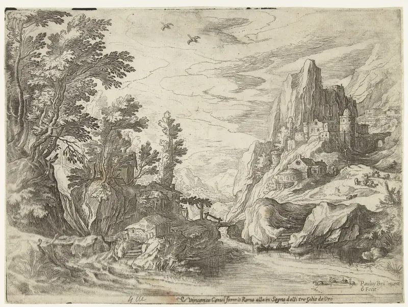 Rivierlandschap in Campania met stad op rotsen, etching by Paul Bril depicting a valley, cliffs, and a town.