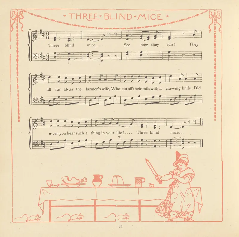 Walter Crane's 'Three Blind Mice' features whimsical characters in a playful setting.