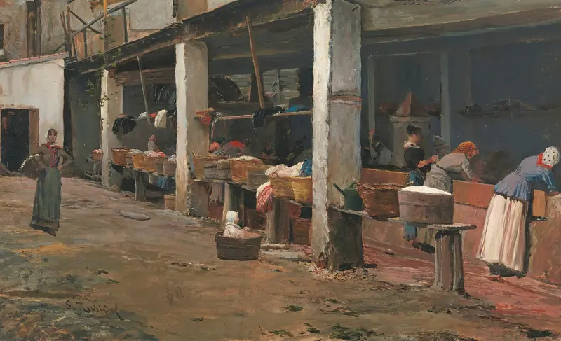 Lavaderos De La Barceloneta by Santiago Rusiñol, oil on canvas depicting a laundry scene by the Mediterranean