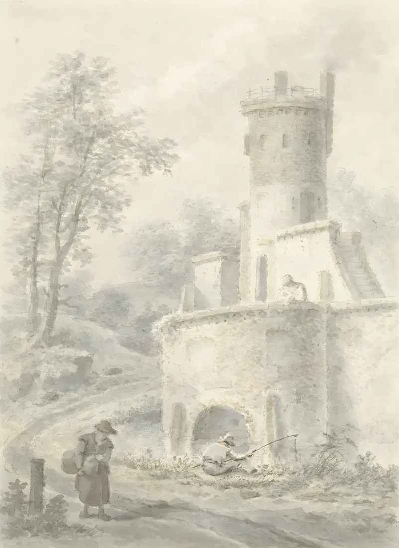 Landscape with an angler and a woman by a fortress tower, oil painting by Pieter Bartholomeusz. Barbiers