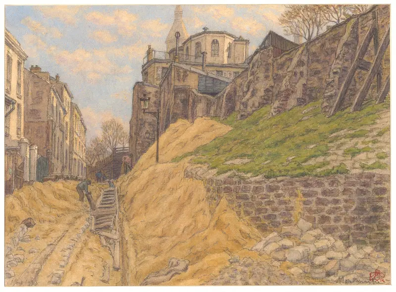Montmartre (rue Cortot) watercolor on paper by Henri Rivière depicting a Parisian street with cobblestones.