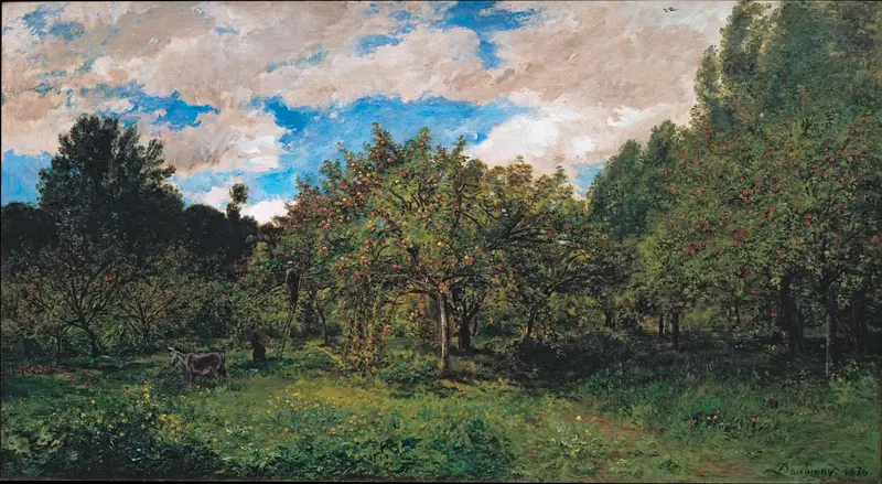 French Orchard at Harvest Time, oil painting by Charles François Daubigny, featuring fruit trees and sunlight.