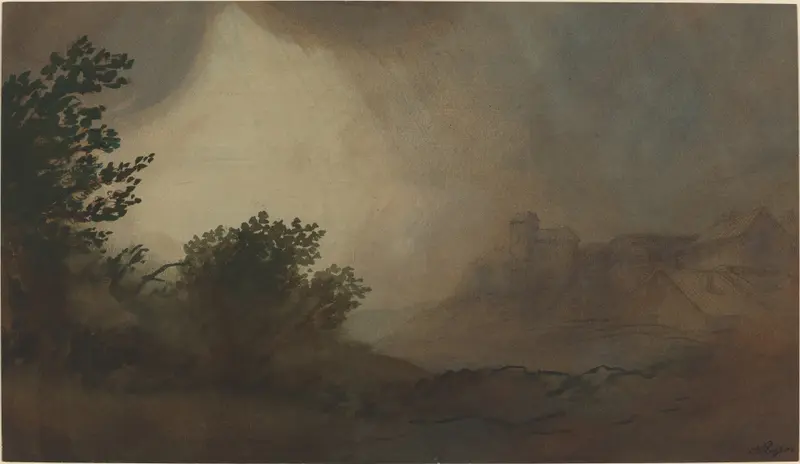 Landscape depicting a storm with dark clouds and light, oil painting by Alphonse Legros