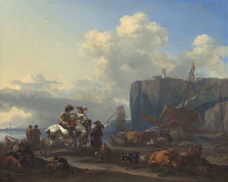 Marine scene with boats at an Italian port, oil painting by Nicolaes Pietersz Berchem