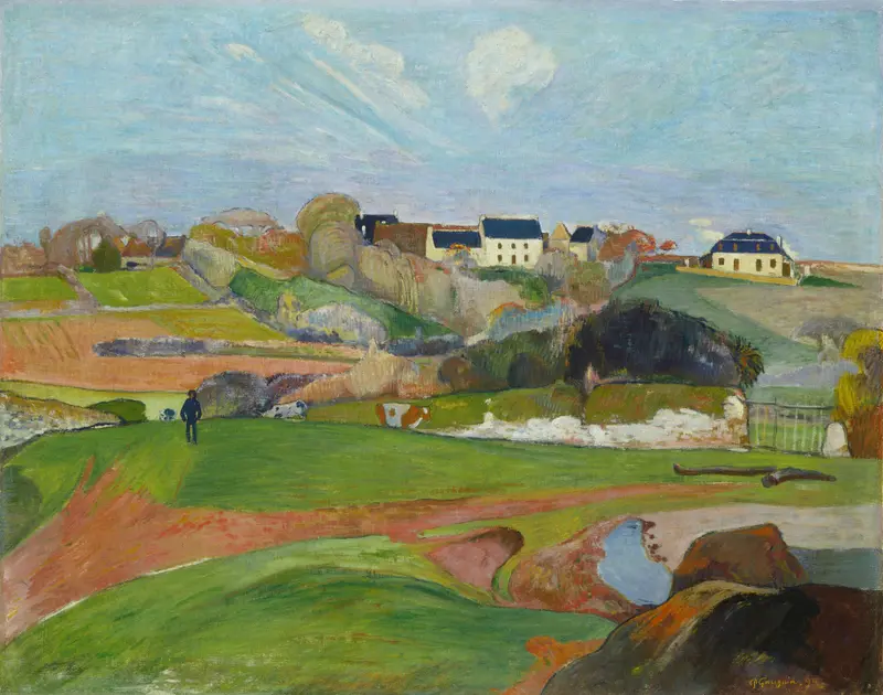 Landscape at Le Pouldu by Paul Gauguin, oil on canvas depicting hills, water, and sky.