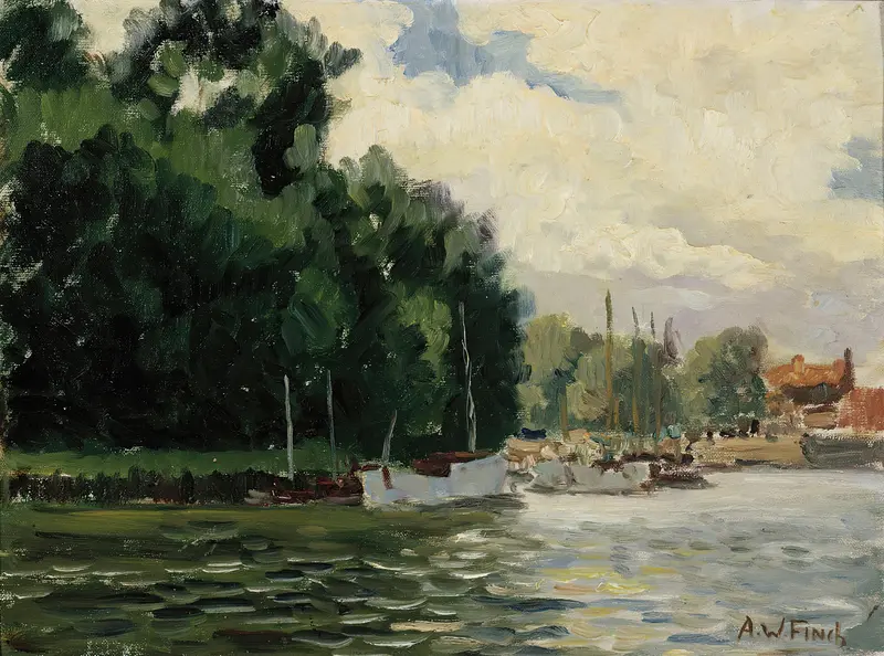Richmond, Thames by Alfred William Finch, oil on canvas depicting a tranquil river landscape