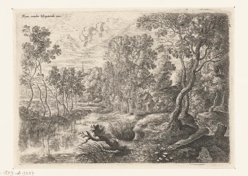 Landschap met een beek by Lucas van Uden, etching depicting a tranquil brook and lush foliage.