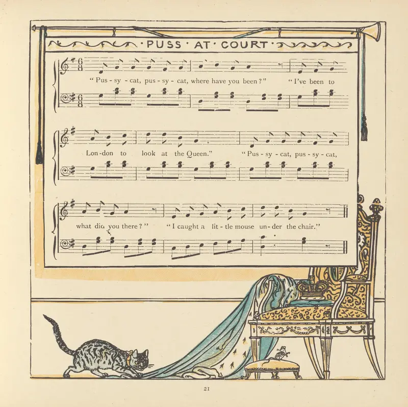 A whimsical depiction of a cat in a royal court setting.