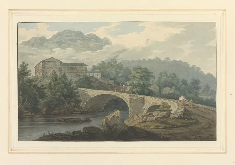 Brathay Bridge by Joseph Farington, oil on canvas depicting a lush landscape with a river and sunlight.