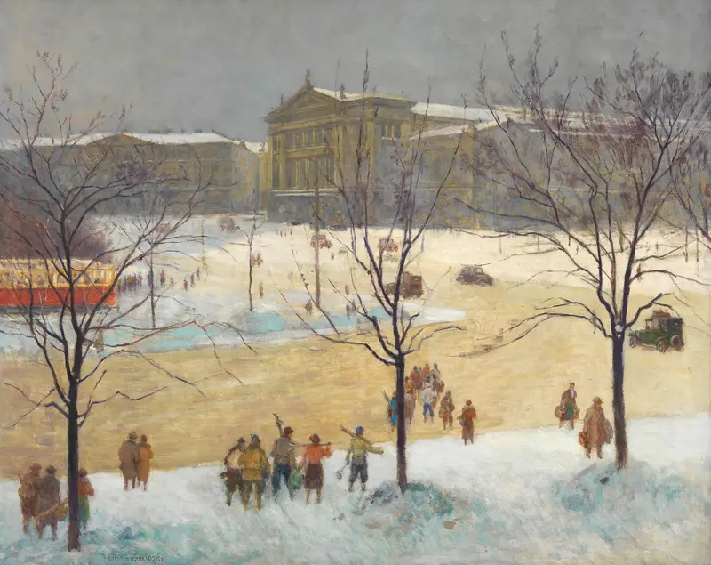 Südbahnhof im Schnee by Anton Hans Karlinsky, depicting a winter train station scene.