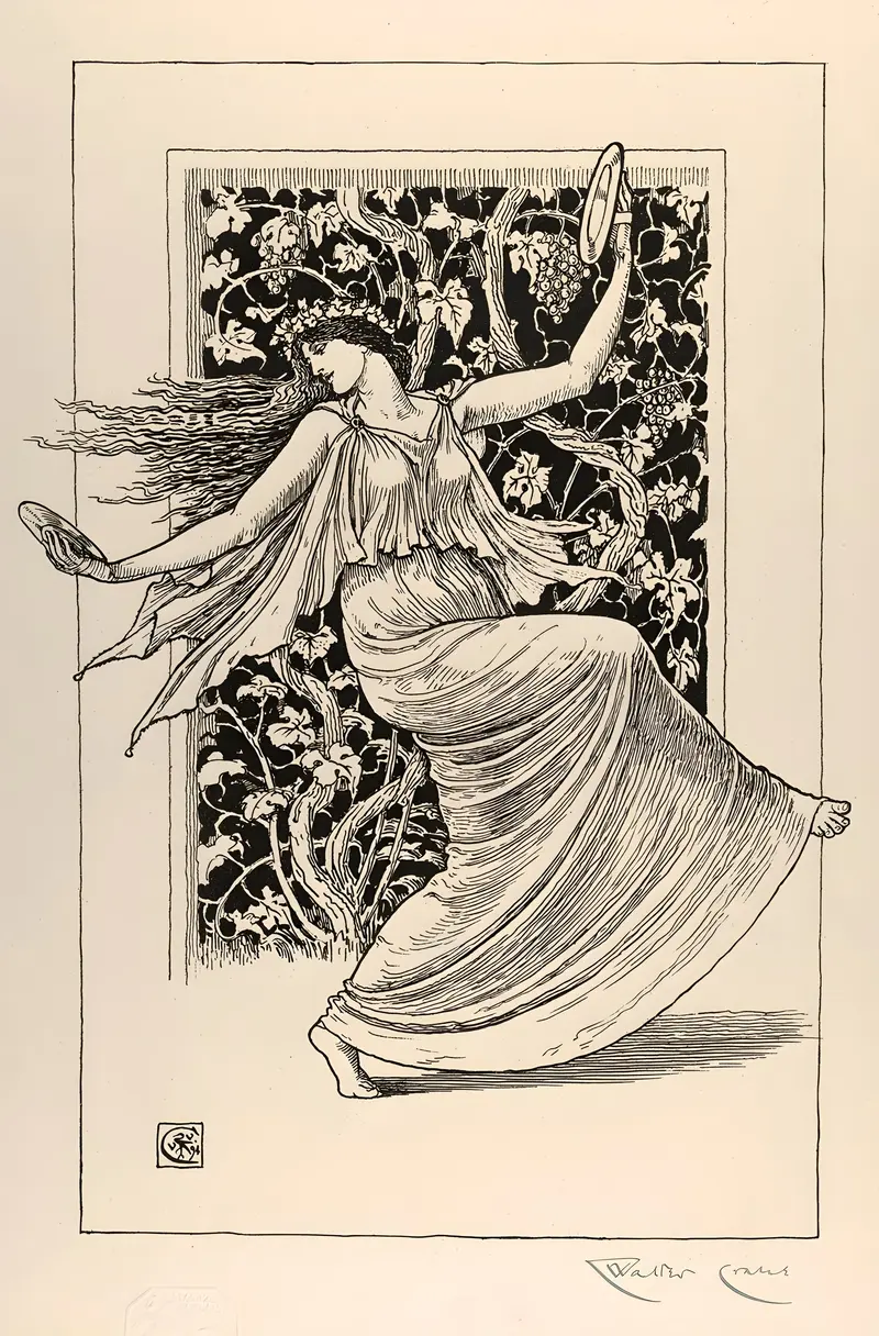Walter Crane's 'Dancing Nymph' features a graceful figure amidst a vibrant natural setting.