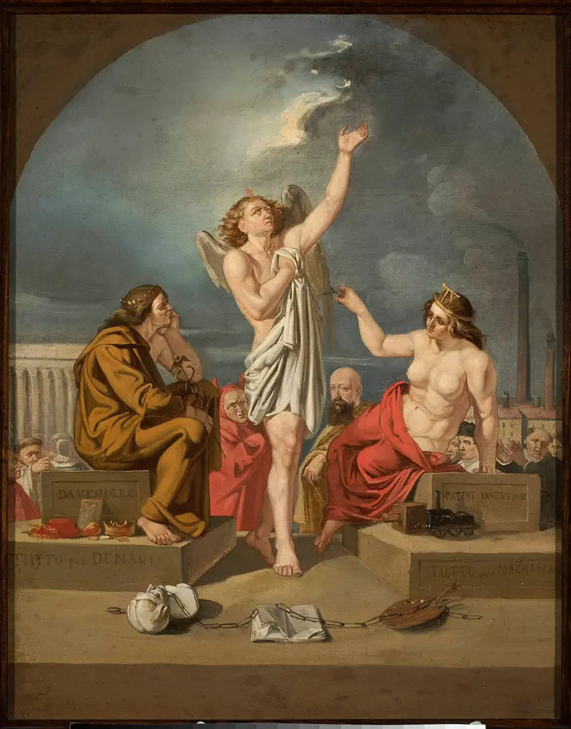 An angelic figure gestures skyward between a robed man and a crowned woman, surrounded by symbols of money and machines.