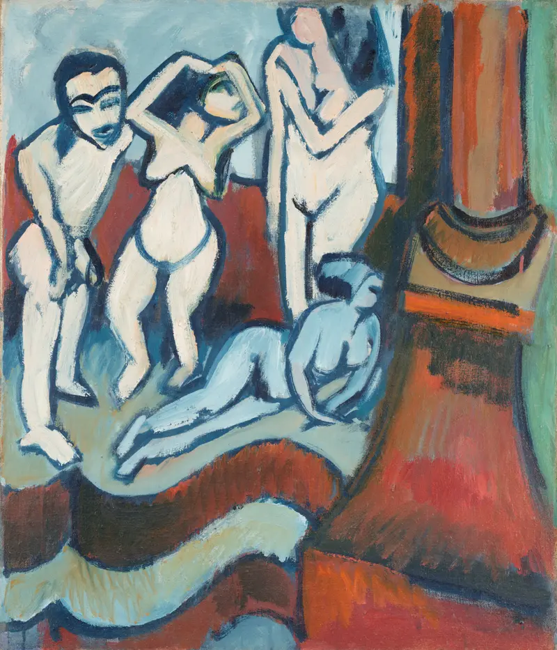 Four angular wooden sculptures with mask-like faces, arranged in dynamic poses suggesting dance and confrontation.