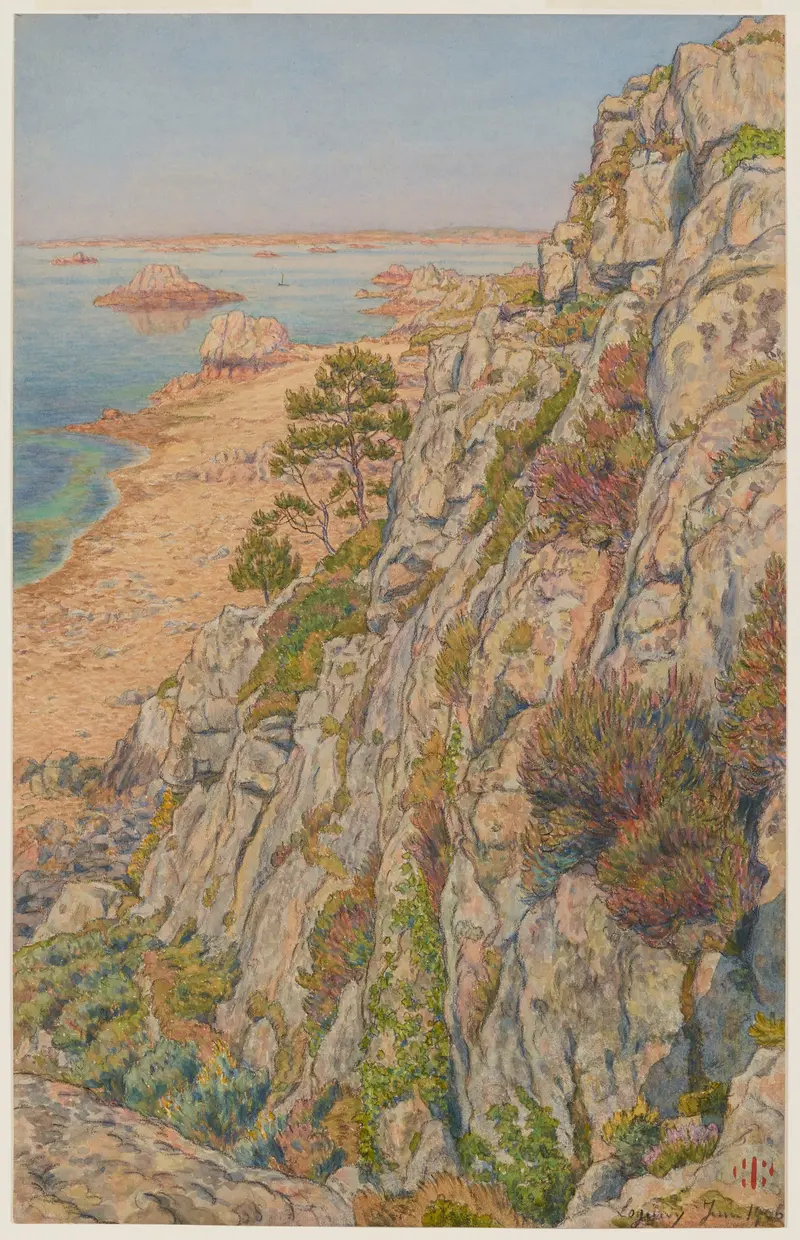 La falaise de l’oiseau by Henri Rivière, watercolor on paper depicting cliffs and ocean.