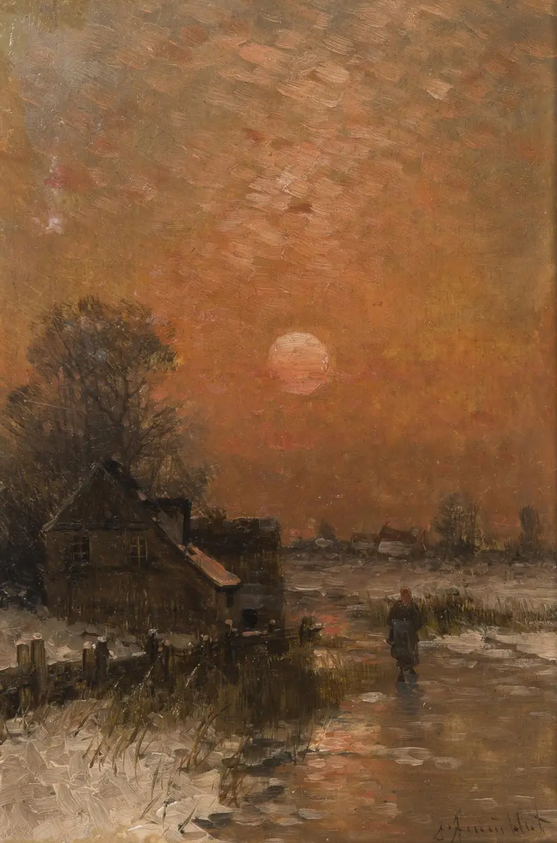 Winter landscape by Johann Jungblut, oil painting depicting snow and silence.