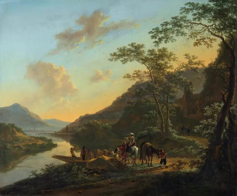 Italian Landscape with Ferry by Jan Both, oil on canvas showing a ferry on a river at twilight