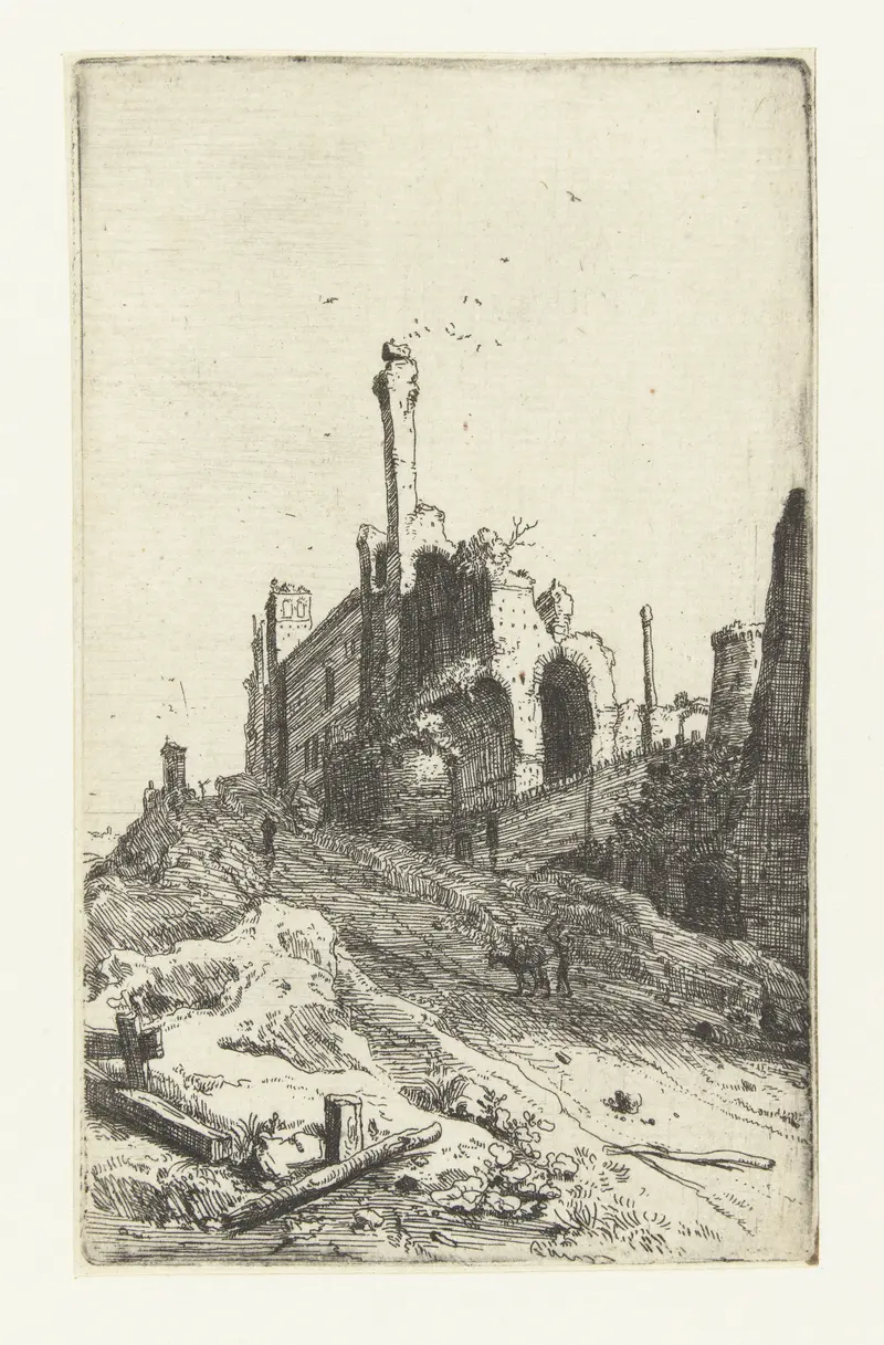 Etching by Bartholomeus Breenbergh depicting ancient ruins and columns