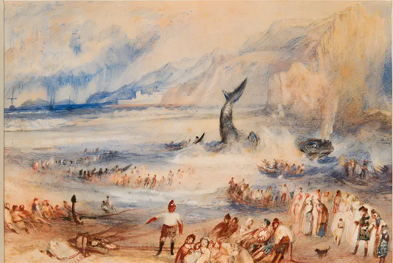 A dramatic scene depicting a massive whale stranded on the shore, surrounded by villagers and fishermen.