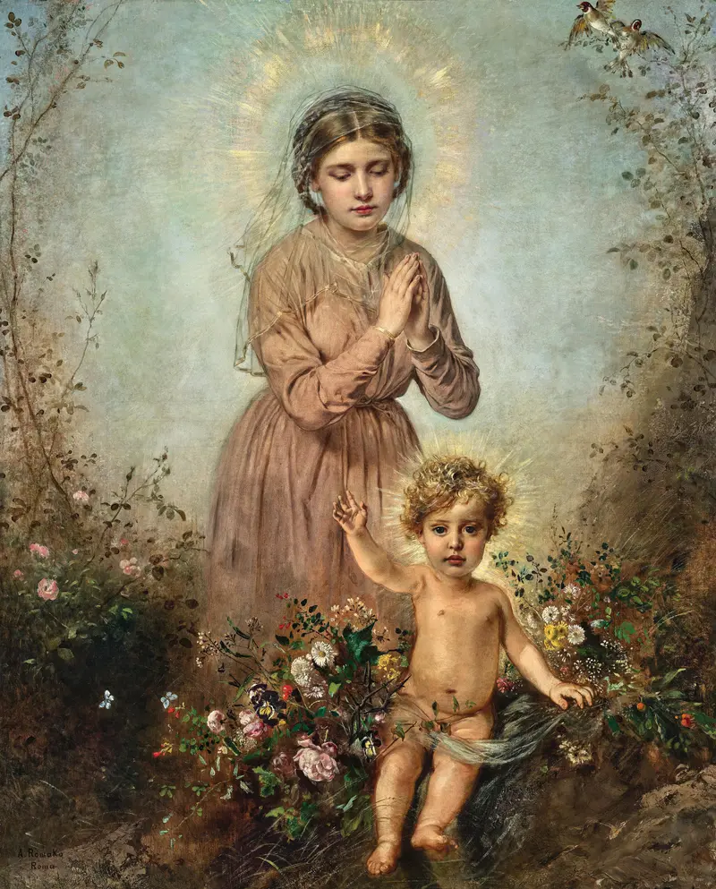 Anton Romako's 'Madonna and Child' captures a tender moment between mother and child.