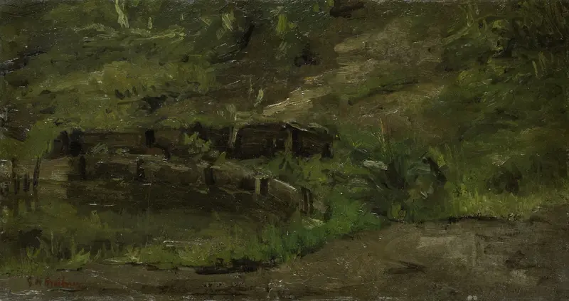 Meadow landscape by George Hendrik Breitner, oil on canvas, featuring lush greens and a stormy sky