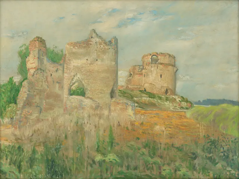 Ruins of Báč Castle by Karol Miloslav Lehotský, oil on canvas depicting crumbled stones at dawn.