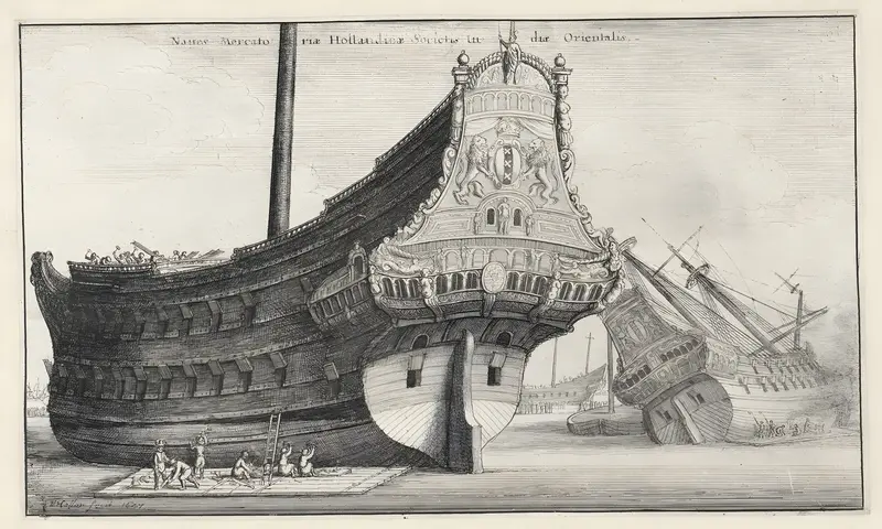 This artwork depicts the Dutch East India Company and its maritime activities.