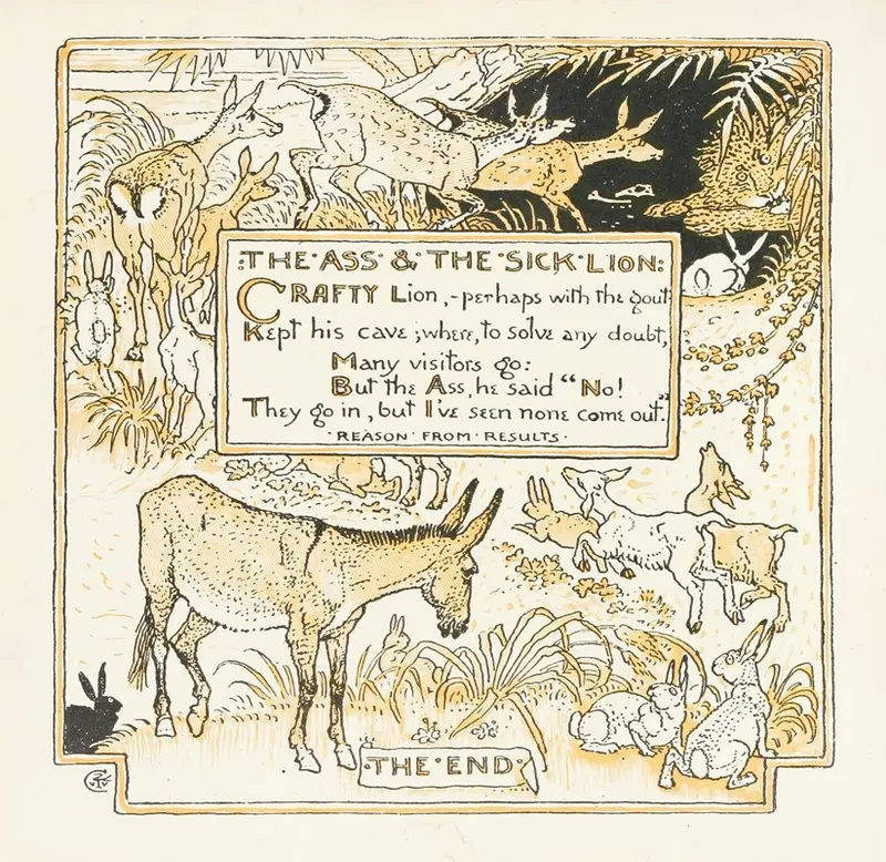 Walter Crane's 'The Ass and the Sick Lion' depicts a fable scene with vivid colors and expressive figures.