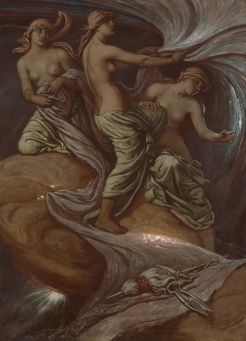 The Fates Gathering in the Stars, oil on canvas by Elihu Vedder, featuring a radiant figure in a cosmic scene.